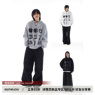 sameuoo散养文化苹果印花美式 中性风上衣男 灰色连帽卫衣女秋冬季