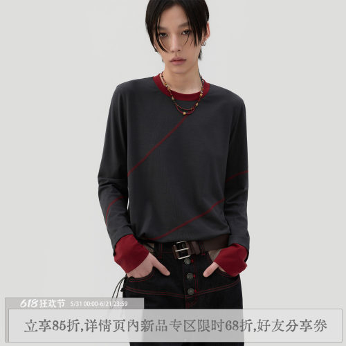 散养文化「灰阶」假两件长袖t恤