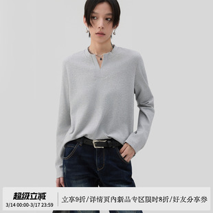 sameuoo散养文化「序写」灰色内搭长袖t恤春季 中性小V领打底上衣