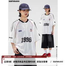 sameuoo散养文化V领杆条透气网眼短袖t恤女夏1996涂鸦美式球衣t恤