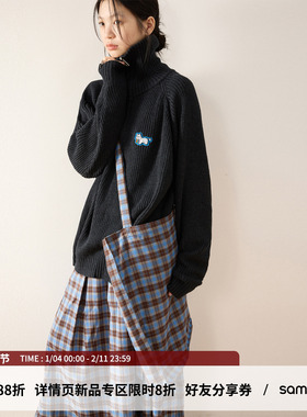 sameuoo散养文化西高地小狗黑色高领毛衣慵懒中性风针织衫女秋冬