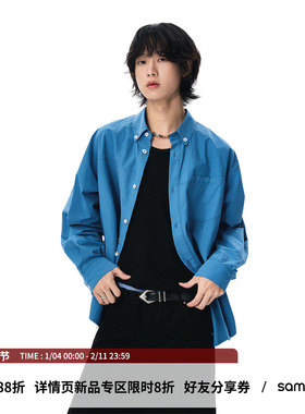 sameuoo散养文化精梳澳棉无性别衬衣女秋冬内搭叠穿蓝色长袖衬衫