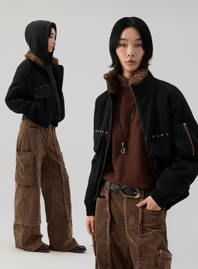 sameuoo散养文化「城市猎人」复古铆钉短款棉服外套 水洗做旧棉衣