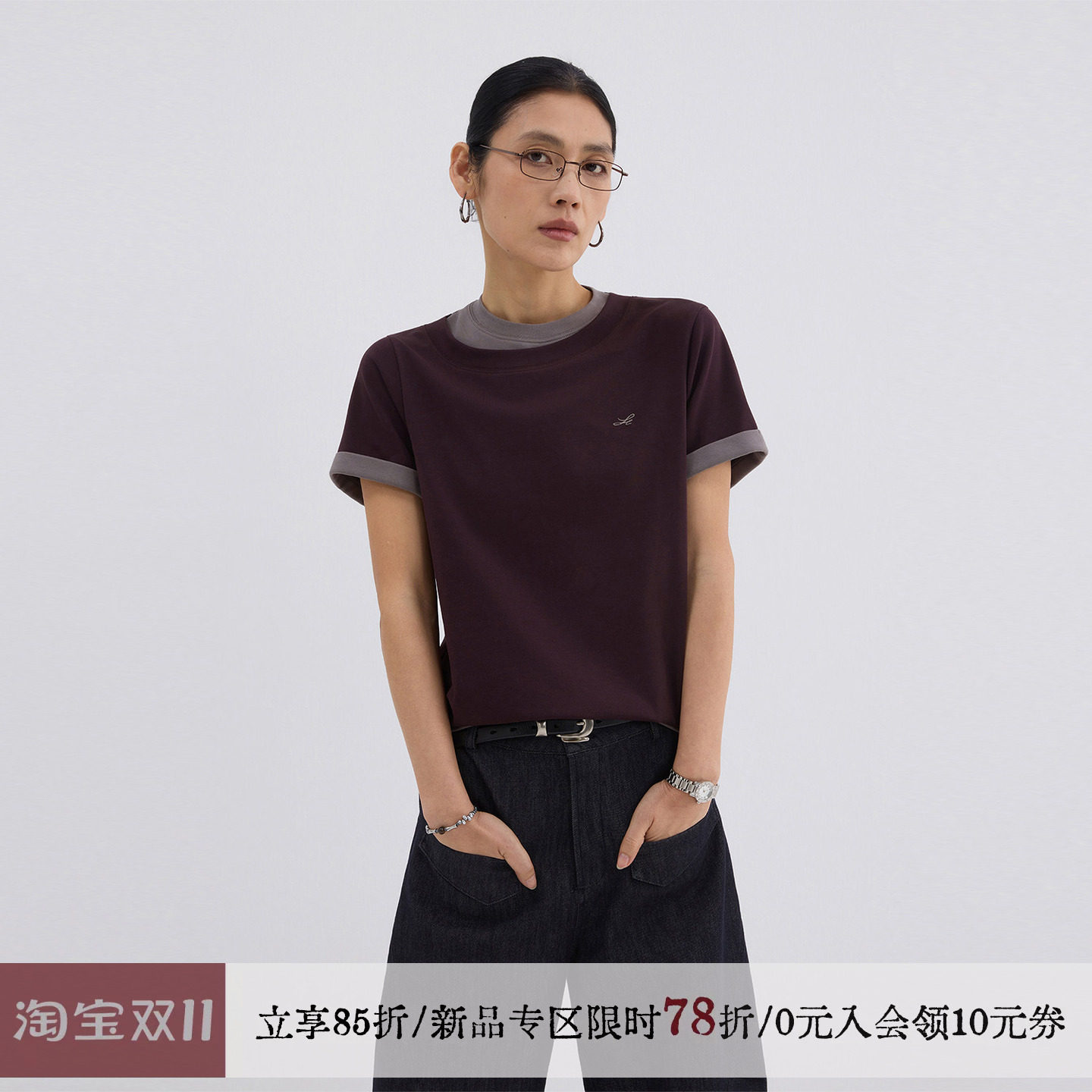 sameuoo散养文化「半见」不规则撞色拼接假两件短袖t恤夏通勤上衣