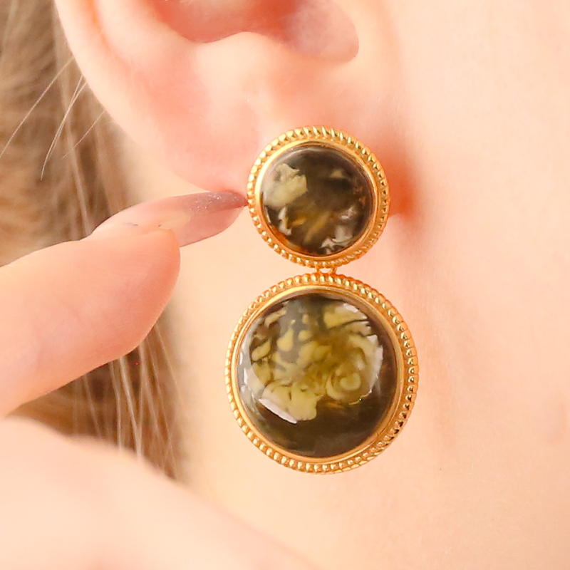 洛丽亚天然俄料琥珀 花珀-复古大小圆设计款耳环耳钉耳坠