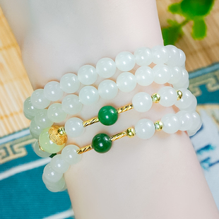 新中式天然和田玉手链银镶国风羊脂白圆珠搭碧玉多宝项链手串