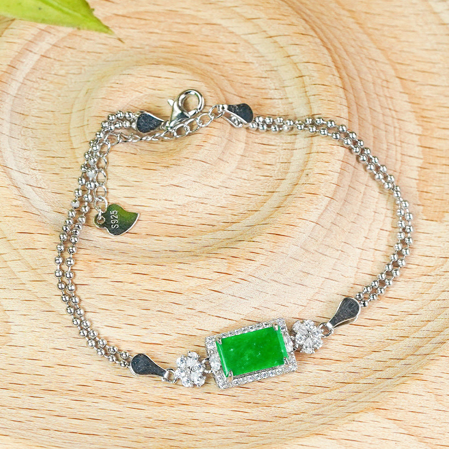 翡翠手链时尚圆珠水滴设计天然冰阳绿翡翠A货龙石种银白色无事牌