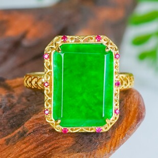 洛丽亚翡翠戒指18K金镶嵌天然翡翠A货满绿龙石无事牌方糖戒指