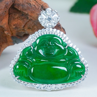 925银镶嵌天然翡翠佛公吊坠a货精致百搭满绿翡翠玉佛项链