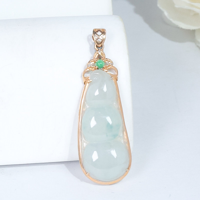 18K金镶嵌天然翡翠A货时尚简约风冰透翡翠福豆单吊坠送爱人送老婆