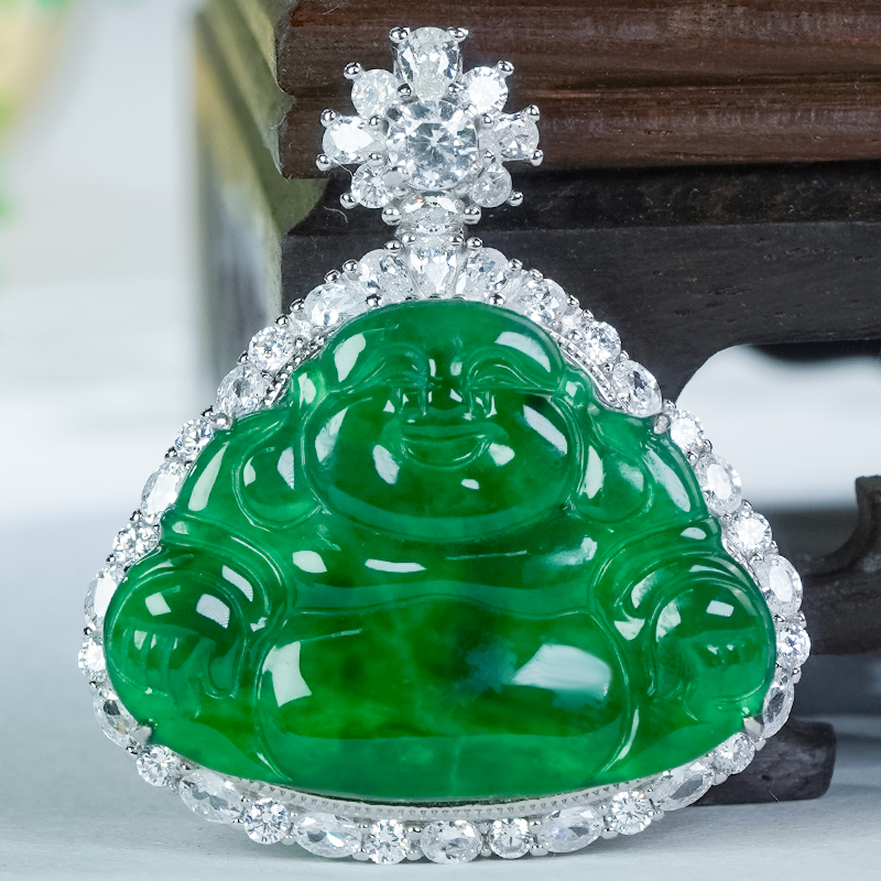 天然翡翠佛公吊坠A货银镶嵌大气百搭雕刻高级冰辣绿翡翠玉佛项链