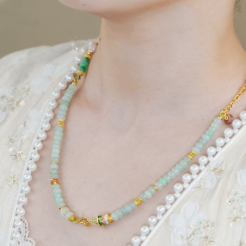 天然A货翡翠新中式国风飘花翡翠桶珠小米珠项链送妈妈（万能扣）