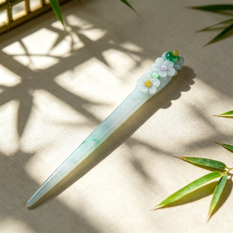 天然缅料翡翠A货时尚精致雕刻花朵飘花翡翠玉发簪古风女款