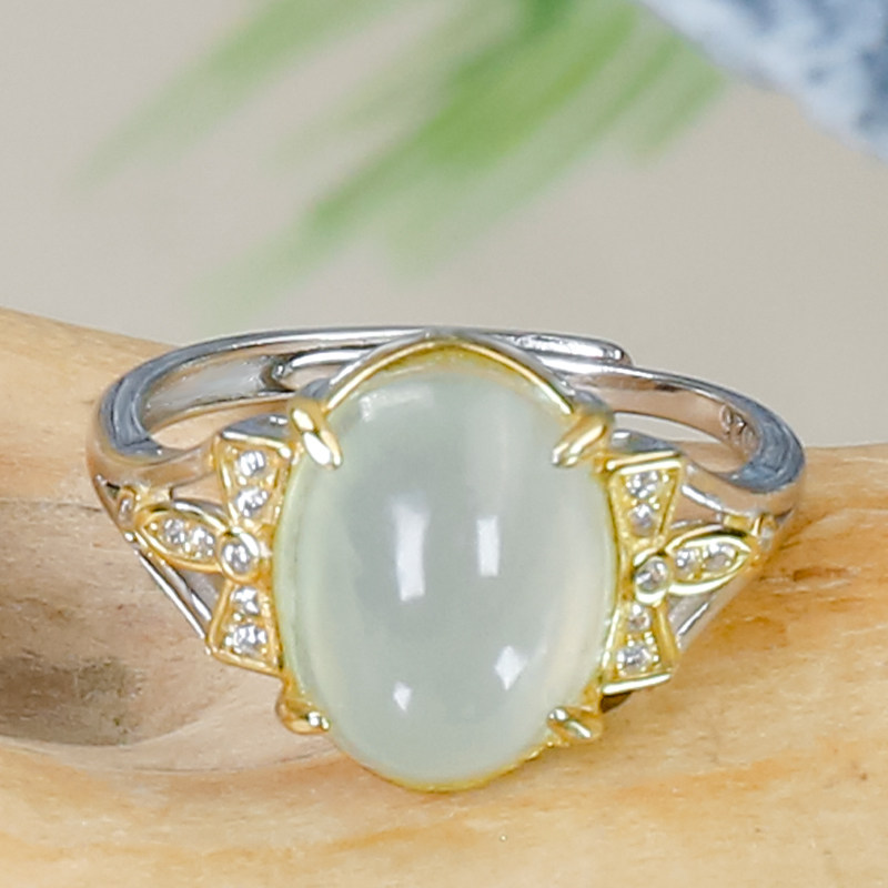 送老婆开口戒天然翡翠A货精致时尚设计感冰透翡翠银白色蛋面戒指