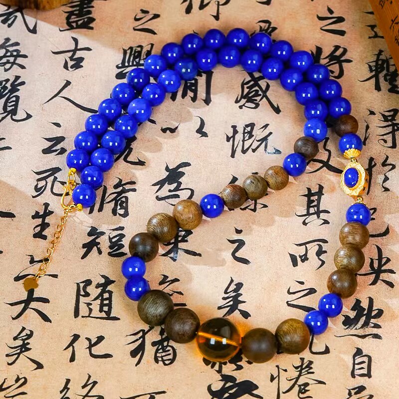 中秋送礼 紫气东来-天然青金石镶嵌新中式国风高级感设计圆珠项链