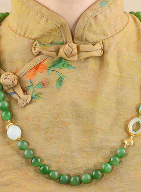 925银镶嵌天然和田玉新中式国风和田玉碧玉多宝项链送妈妈送爱人