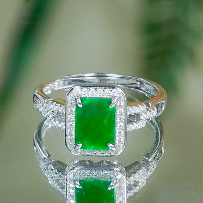 天然A货翡翠银镶嵌精致小巧简镶满绿翡翠方形无事牌戒指打麻将戴