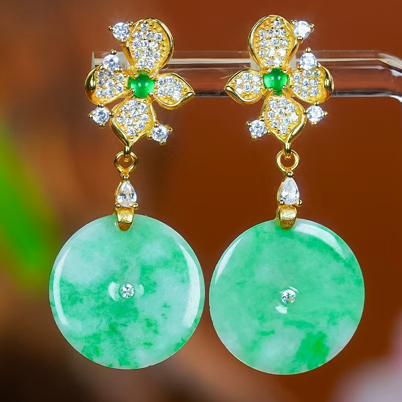 天然翡翠耳钉A货银镶嵌精致高级感花朵设计飘花翡翠平安扣耳环