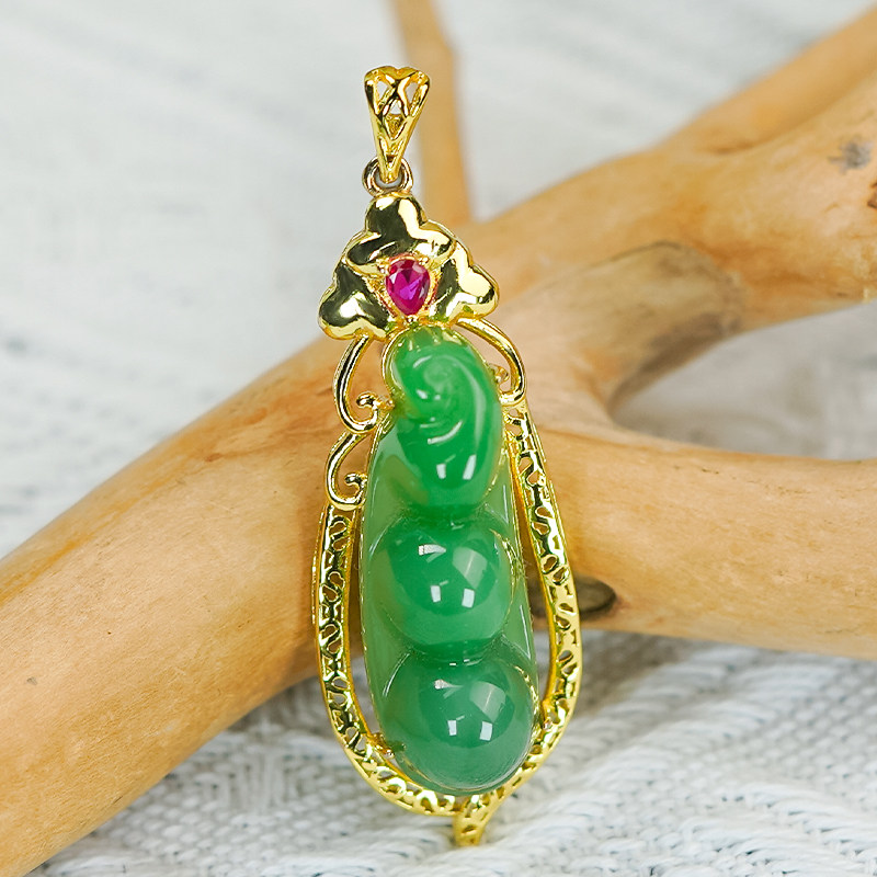生日礼物新中式国风细腻银镶嵌天然和田玉碧玉菠菜绿福豆吊坠项链