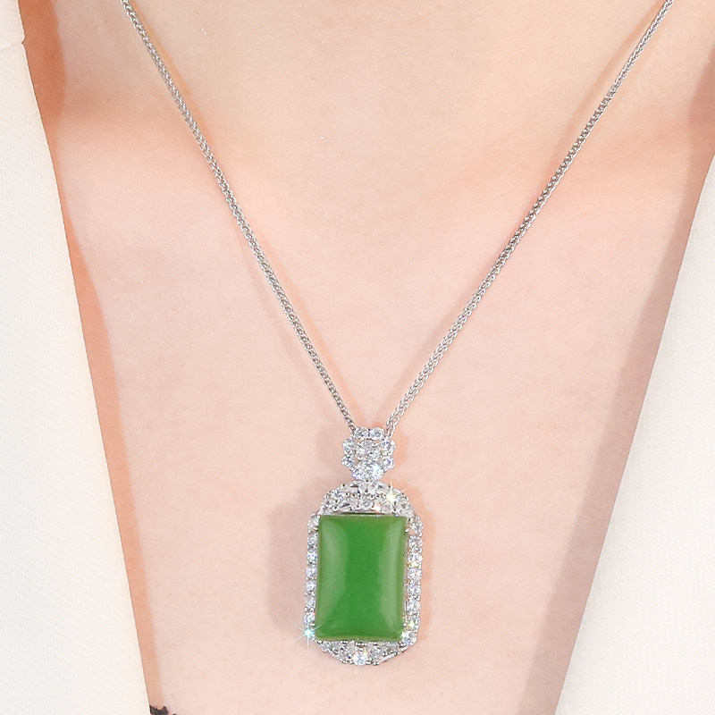 925银镶天然和田玉精致花朵扣头碧玉满锆无事牌吊坠送妈妈送爱人