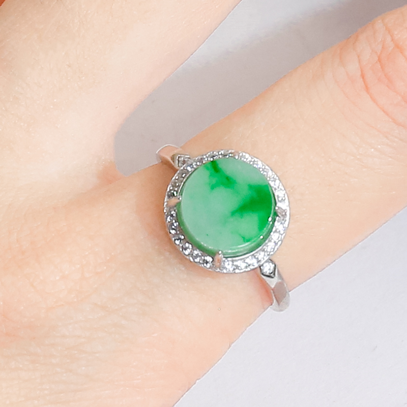 925银镶嵌精致高级设计感满锆满绿天然翡翠A货圆牌戒指送礼送爱人