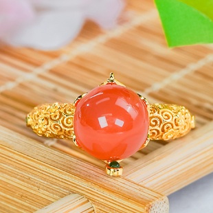 天然南红玛瑙戒指银镶嵌精致镂空设计祥云蛋面开口戒