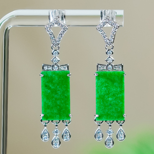 天然A货翡翠耳钉银镶精致镂空水滴流苏设计满绿无事牌玉耳环耳饰