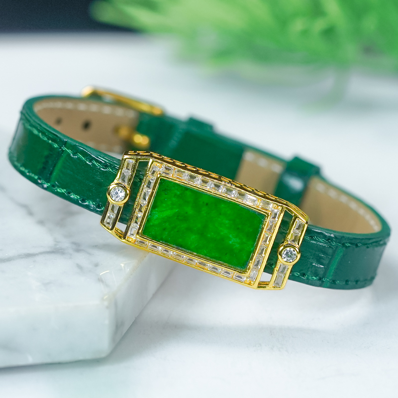 蛇年送礼时尚简约满锆银镶嵌天然满绿翡翠A货无事牌手表款手镯