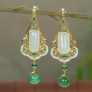 新中式 天然和田玉耳环银镶嵌国风花丝琵琶蛋面耳钉耳坠