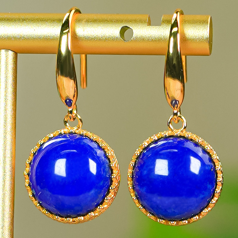 洛丽亚天然青金石银镶嵌时尚气质花边圆形蛋面耳环耳钩