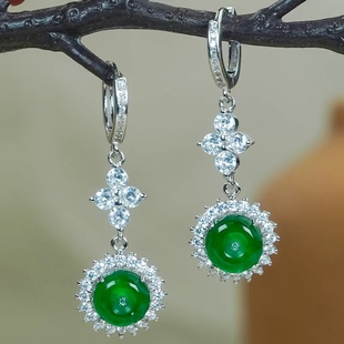 天然翡翠耳钉A货冰辣绿玉平安扣耳扣银镶嵌新中式国风四叶花耳饰