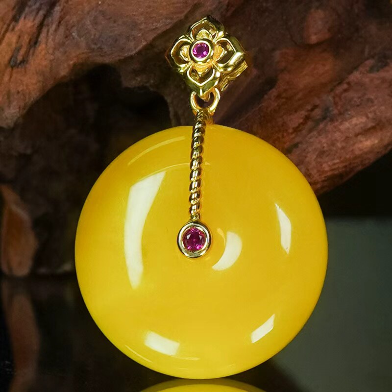 天然蜜蜡银镶嵌精致小巧简镶一点红设计满蜜满蜡平安扣吊坠