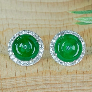 925银镶嵌天然翡翠平安扣耳钉气质优雅百搭款 冰透冰辣绿玉耳饰