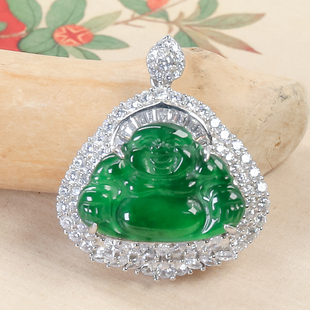 925银镶嵌天然翡翠A货精致百搭满锆翡翠银镶嵌佛公吊坠节日送礼