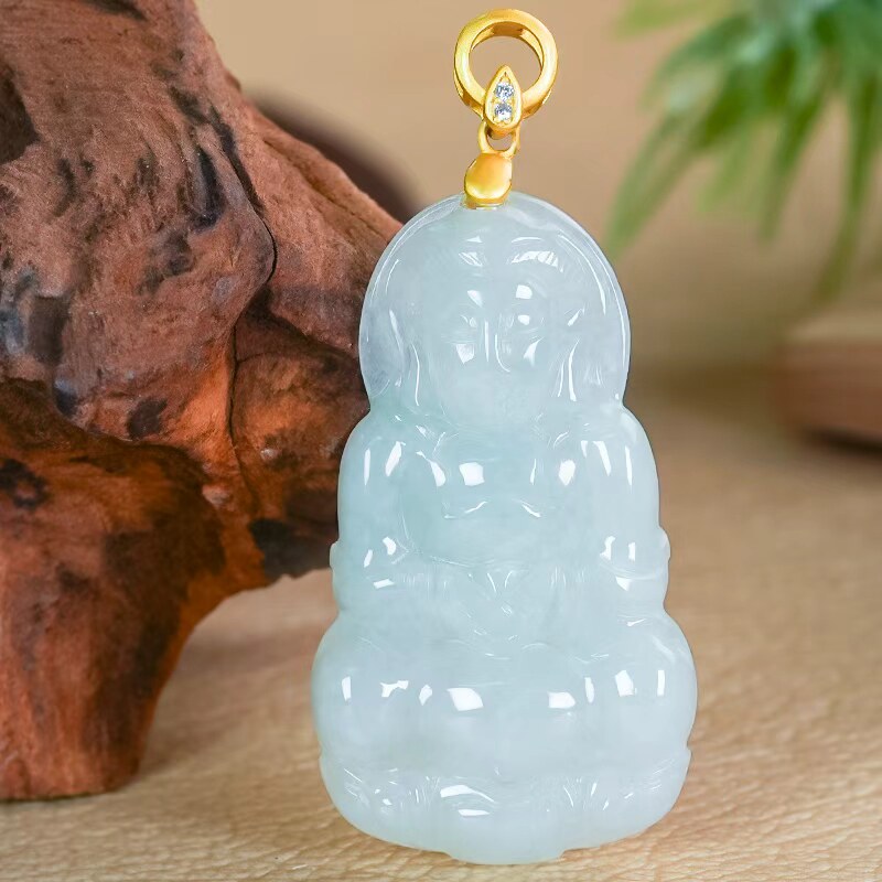 天然翡翠吊坠A货镶嵌精致手工雕刻工艺冰润冰透观音玉坠