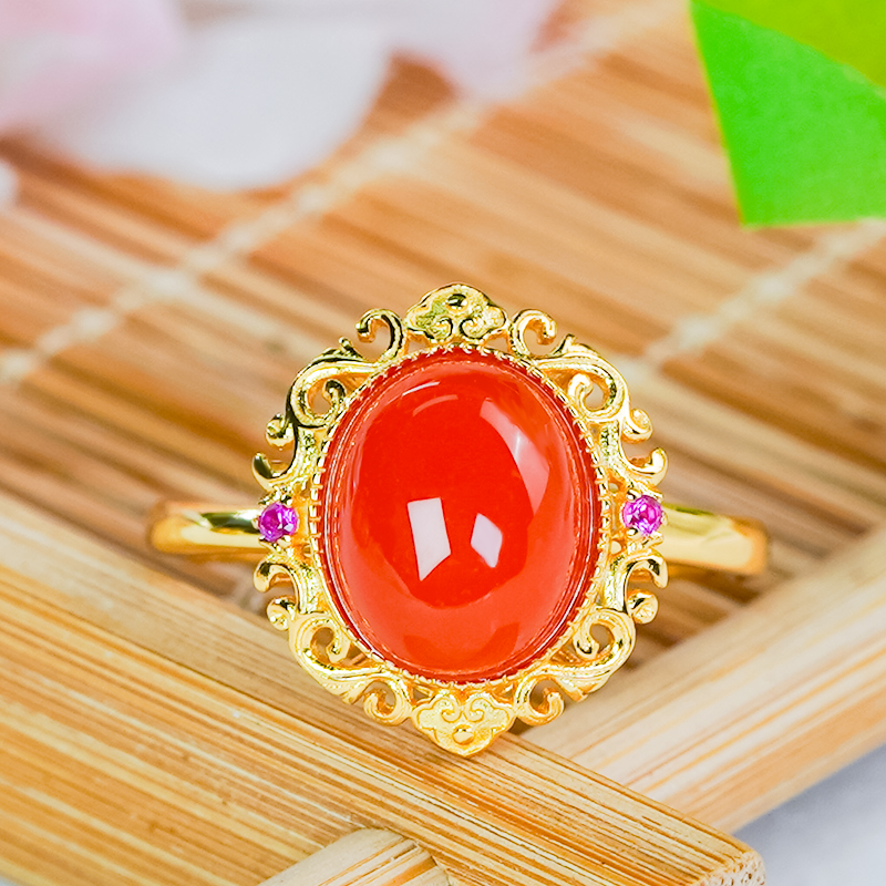 洛丽亚925银镶嵌天然南红戒指