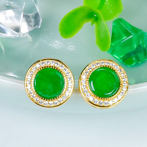 送老婆送爱人天然翡翠A货银镶嵌精致时尚辣绿翡翠小龙石圆牌耳钉