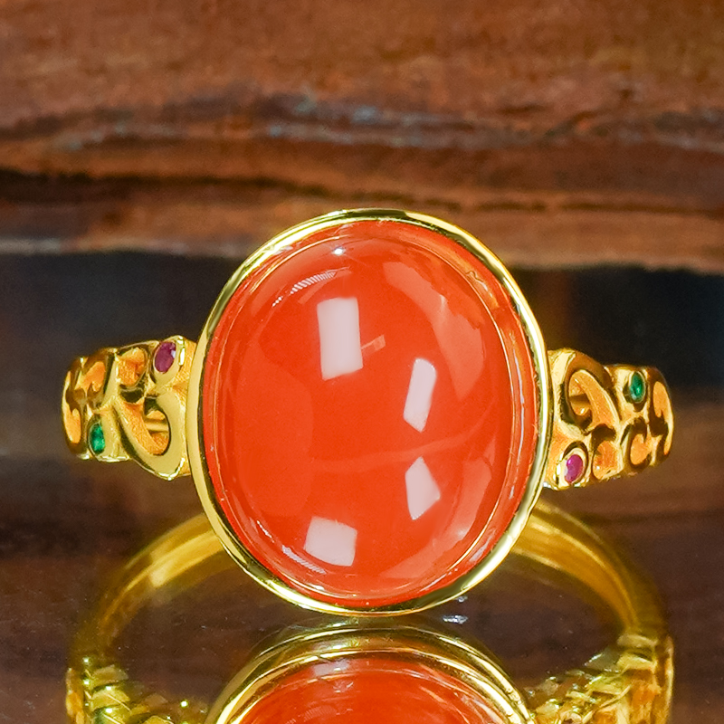 洛丽亚天然玛瑙镶嵌精致镂空宫廷风高级感玉石椭圆蛋面戒指