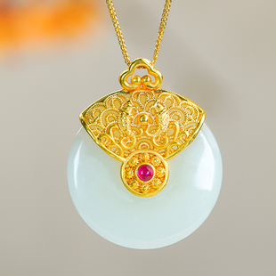 18K金镶玉天然和田玉新中式雕花工艺如意扣头白玉鲤鱼平安扣吊坠