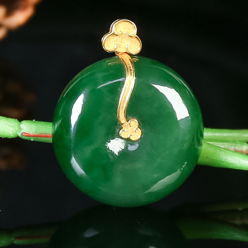 18K金镶天然和田玉简约大气乌兰海和田玉碧玉如意平安扣吊坠