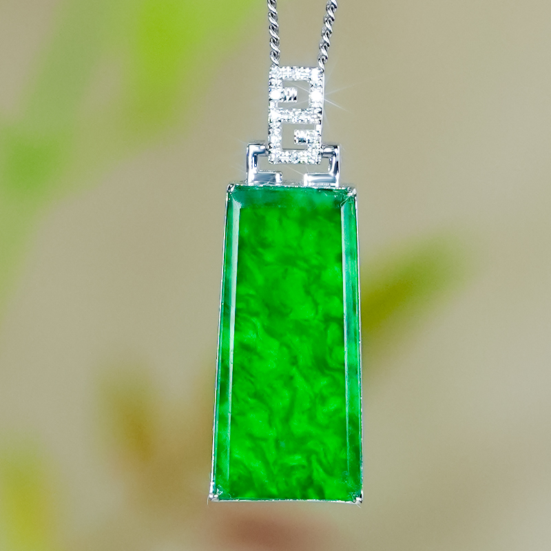 18K金镶玉天然无事牌吊坠翡翠A货简镶满绿龙石梯形翡翠玉坠