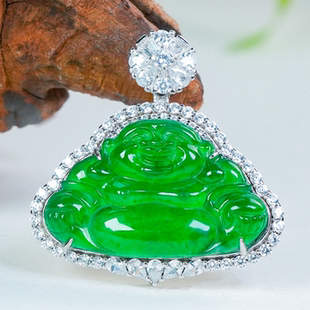 天然翡翠佛公吊坠银镶嵌精致小巧经典款冰透满绿翡翠玉佛项链