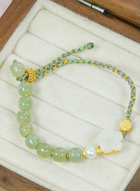 洛丽亚天然和田玉晴水色圆珠手串时尚古风女款桃花手绳