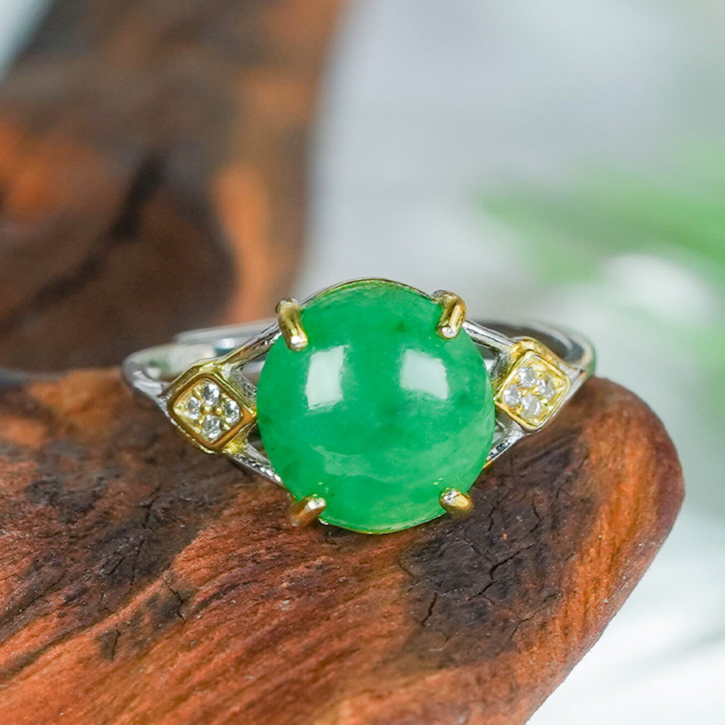 天然缅甸翡翠戒指A货银镶嵌时尚简约满阳绿翡翠蛋面活口戒