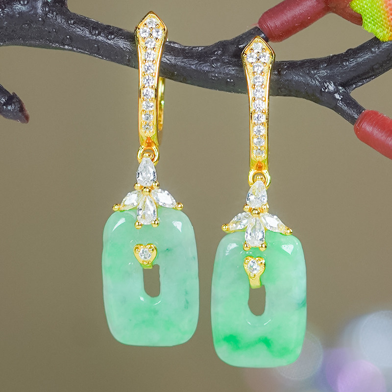 天然A货翡翠耳环耳坠女银镶时尚花朵设计冰阳绿翠绿方糖耳扣耳钉