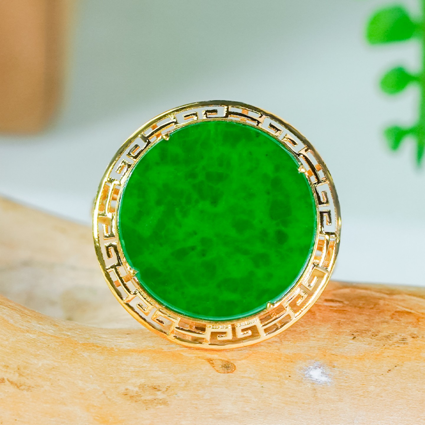 洛丽亚天然翡翠A货18K金镶嵌精致百搭满绿回纹设计圆牌戒指