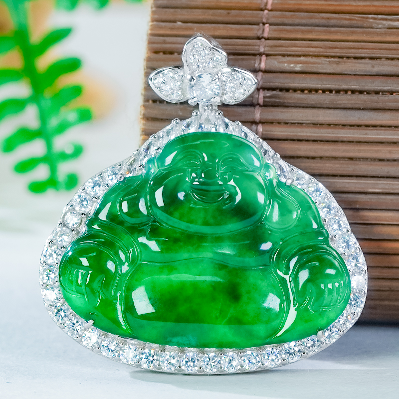 天然翡翠佛公吊坠A货银镶嵌精致雕刻叶子高冰满绿翡翠弥勒佛项链