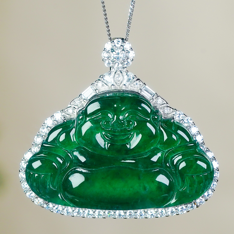 天然翡翠佛公吊坠A货冰辣绿翡翠弥勒佛玉坠大气豪镶高级感玉石