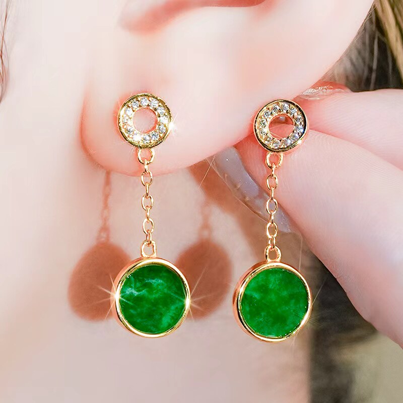 天然翡翠玉耳饰A货银镶嵌镂空简约长款辣绿翡翠绿圆牌耳钉耳坠