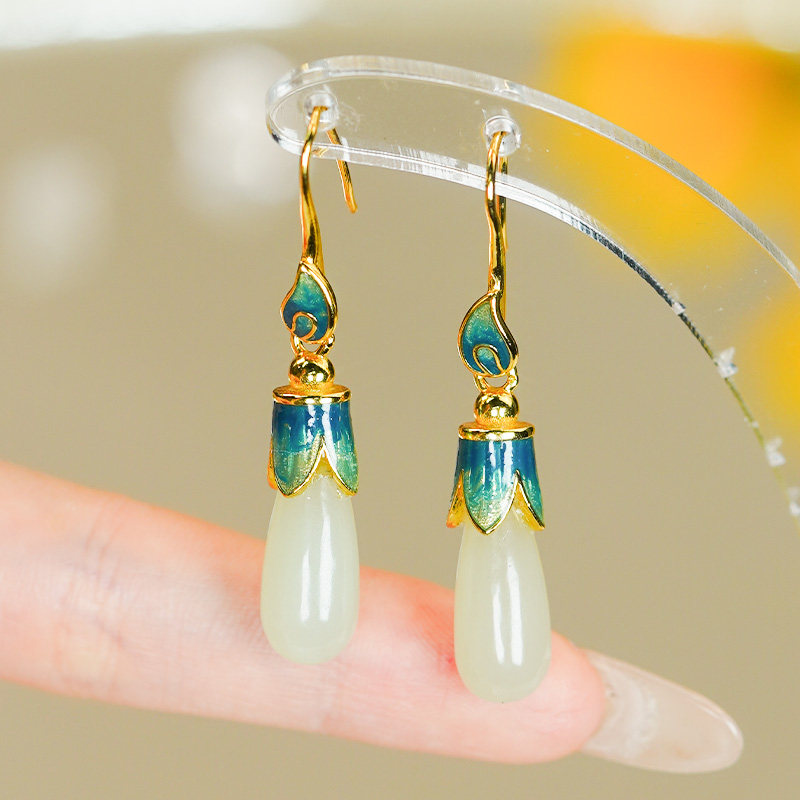 和田玉耳环天然和田玉银镶嵌中国风景泰蓝白玉长款玉兰花耳环耳钩,珠宝/钻石/翡翠,耳饰,淘宝优惠券,粉丝福利购,淘宝优惠卷